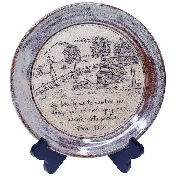 Handmade POTTERY Farm Scene Decorative 9" Plate Inscribed w/ Psalm 90:12~ Signed - Picture 1 of 5